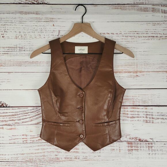 Aritzia Jackets & Blazers - Aritzia Wilfred Women's Size 0 Desire Vegan Faux Leather Button Vest Brown